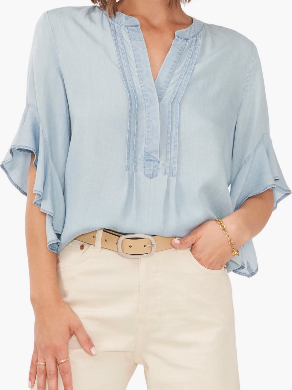 Vince Camuto Pale Blue V-Neck Pintuck Ruffle Sleeve Blouse